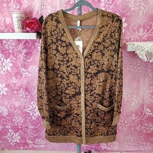 Floral Knit Cardigan Sweater - Brown